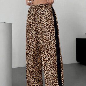 Silky Wide Leg Leopard Pants with Black Side Stripe M NWOT